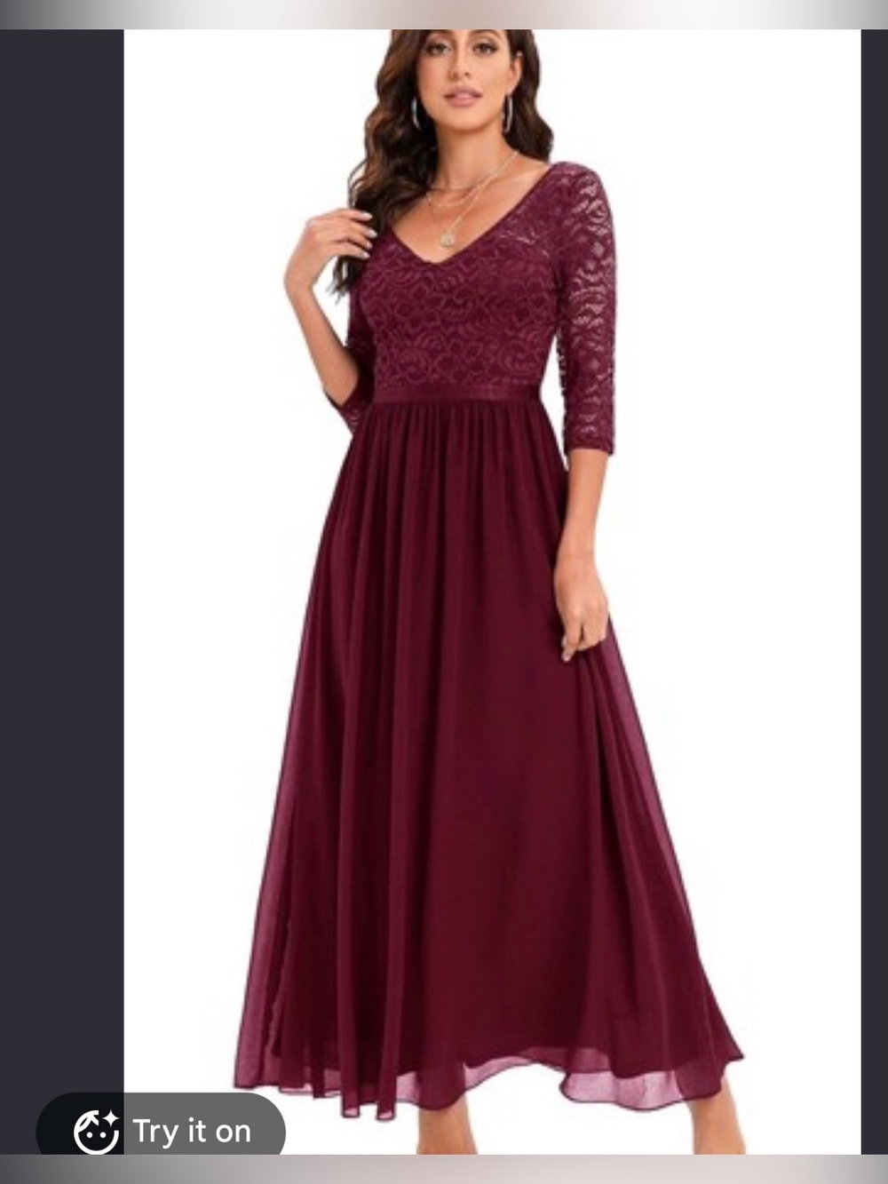 NEMIDOR Elegant Burgundy Lace & Chiffon Maxi Dress - V-Neck, 3/4 Sleeves SIZE 26